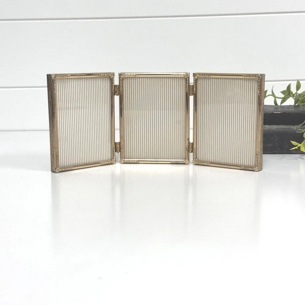 Vintage Tri-Fold Hinged Ornate brass Filigree Triptych Picture Frame Set
